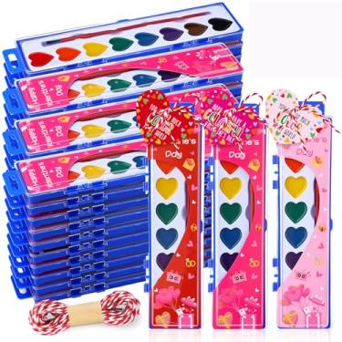 Imagem de AmazingSpark 24 Pcs Valentine's Day Watercolors Paint Set for Adults Kids 12 Washable Colors with A heart Card Paintbrush for School Classes Birthday Art Activities Sketching Gift (12 Colors Heart)