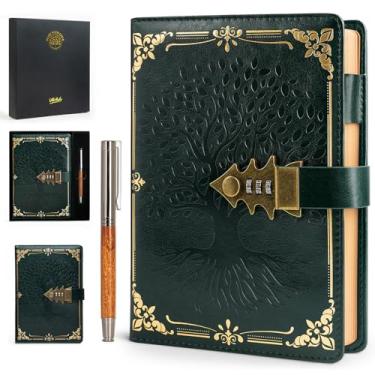Imagem de WEMATE Diário com cadeado com caneta e caixa de presente, A5 260 páginas, recarregável, caderno de couro com senha para escrita, diário vintage para mulheres, meninas, homens, estudantes, 21,7 x 14,7