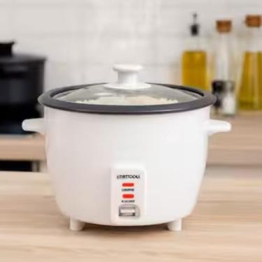 Imagem de Panela de Arroz Elétrica, 1,3L, Branca, 400W, com Tampa de Vidro, Revestimento Antiaderente, Bandeja para Vapor, 27x21x21cm, 220V