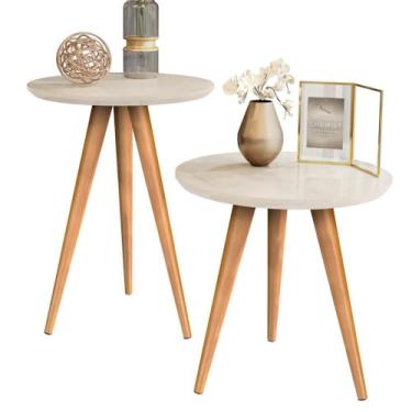Imagem de Conjunto 2 Mesas Redondas De Canto Tripé Pé Palito Para Apoio Lateral Compacta para Sala, Varanda e Quarto, Ideal para Plantas, Café e Acessórios(DUPLO - OFF WHITE)