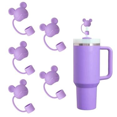 Imagem de SEEZIZI 5 peças de tampas de palha de urso compatíveis com copos Stanley de 30 e 1,134 g, protetores de palha de silicone fofos reutilizáveis para canudos StanleyCups de 10 mm - Roxo