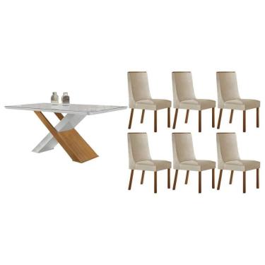 Imagem de Sala Jantar Mesa Imperatriz Tampo c/ Vidro Curvo 180cm+6 Cadeiras Dakota Madeira Naturale/Off White - Capuccino/Suede Creme - Rufato