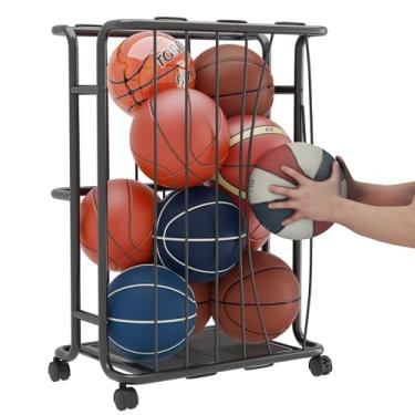 Imagem de Armazenamento de bolas com rodas, organizador de equipamentos esportivos de garagem, rack móvel de armazenamento de bolas para basquete, futebol, vôlei