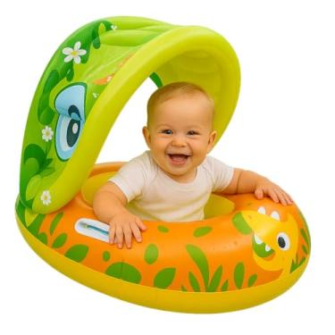 Imagem de Boia Infantil Inflável com Proteção Solar UV, Suporte para Pés e Alças Laterais, Tema Dinossauro, Verde e Laranja, 65x47x50cm (Verde)