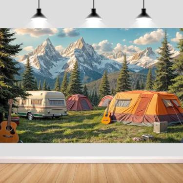 Imagem de NYMB Cenário de acampamento de montanha, van de acampamento e cena de barraca com floresta de pinheiros e picos de neve, fundo de vinil para decoração de festa temática ao ar livre, adereços de cabine