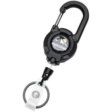 Imagem de pasezenn Chaveiro retrátil resistente, cordão de aço inoxidável de 70 cm, suporte de crachá retrátil, mosquetão para trabalho, preto, 1 pacote