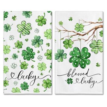 Imagem de Bonsai Tree Conjunto de 2 toalhas de cozinha para o dia de São Patrício, toalha de mão com árvore de trevo 45 x 71 cm, decorações para casa do dia de São Patrício
