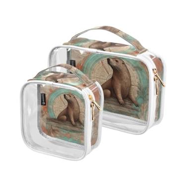 Imagem de GAIGEO Bolsa cosmética de PVC Dragonfly in Turquoise Guirlanda, bolsa de higiene para carro, bolsas de beleza para viagens femininas, pacote com 2, Prato vintage envelhecido de vida marinha leão