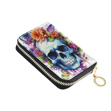 Imagem de Carteira feminina com estampa de caveira de flor, porta-cartões, bloqueio de RFID, minimalista, com bolso para moedas