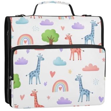 Imagem de 3 fichários de 3 anéis, girafas fofas, cores com zíper, bolsa escolar com alça de ombro para documentos, vários bolsos, pasta grande, 34,5 x 31,5 x 9 cm