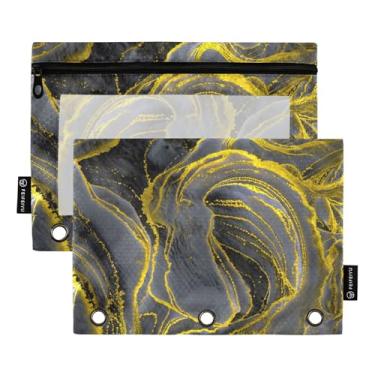 Imagem de GAIGEO Bolsa de lápis com 3 argolas para fichário de arte dourada, mármore, com zíper, sacos decorativos para fichários escolares transparentes, bolsos macios 25 x 18 cm, 2 pacotes