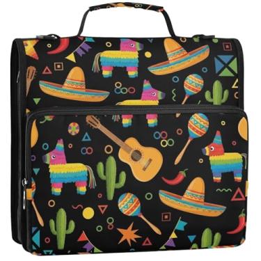 Imagem de Organizador de fichário escuro de cacto colorido com zíper, 3 anéis, 3 anéis, fichários com alça, bolsa de ensino médio, estojo portfólio com alça, 34,5 x 31,5 x 9 cm