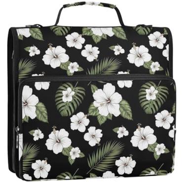 Imagem de Organizador de fichário com zíper e flores de hibisco tropicais, folhas pretas de 3 cm, 3 anéis, bolsa escolar de tecido resistente, com alça de ombro, pasta de armazenamento com alça, 34,5 x 31,5 x 9