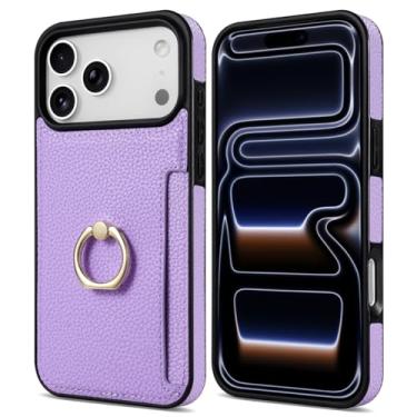 Imagem de HTVJFXCapa Carteira de Couro para iPhone 16 Pro com Suporte para Cartões e Anel de Fixação (Para iPhone 16 Pro/Roxo)