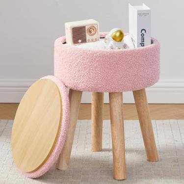 Imagem de BRIAN & DANY Banco de toucador, cadeira de lã de ovelha com armazenamento, cadeira redonda de maquiagem, assento acolchoado macio com pernas para quarto (rosa)
