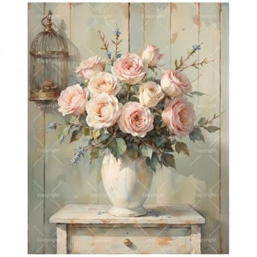 Imagem de Kit de pintura de natureza morta por números para adultos - DIY rosas em vaso pintura em tela, conjunto de tinta acrílica, adequado para iniciantes, arte para decoração de casa ou presentes (20 x 30