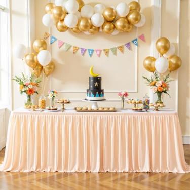 Imagem de Saia de mesa champanhe retangular, saias de mesa de 2,7 m, saia de mesa para professor, sala de aula, dormitório, festa, aniversário, formatura, banquete, casamento, poliéster, plissada, saia de mesa