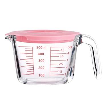 Imagem de Conjunto de copos medidores de vidro com tampas, vidro borossilicato, bico em forma de V, balança segura para micro-ondas, copo de leite para cozinhar e assar (rosa, 2 xícaras)