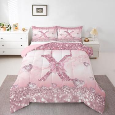 Imagem de Erosebridal Conjunto de edredom feminino, alfabeto, princesa, com laço, tamanho solteiro, com laço rosa, para crianças, meninas, adolescentes, mulheres, decoração de quarto