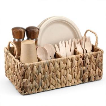 Imagem de WLLHYF Organizador de talheres para festa de vime, organizador de talheres de jacinto de água, suporte de utensílios, tecido à mão, piquenique, dividido para banheiro, cozinha, escritório, organização