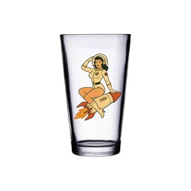 Imagem de Hat Shark Copo de cerveja sexy Pin-Up Girl Lady, vidro transparente, 473 ml, 100% seguro para lava-louças, tema retrô vintage (Sexy Rocket Space Lady Astronaut Pin-Up)