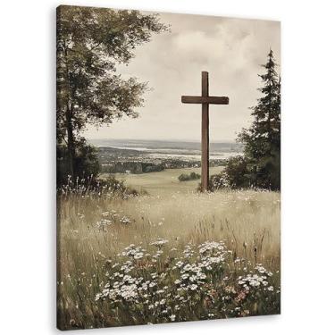 Imagem de TLESKE Decoração de parede de flores silvestres com cruz de Páscoa cristã, 28 x 35 cm, arte de parede em tela de casa de campo religiosa vintage para quarto, sala de estar, imagem de arte de parede