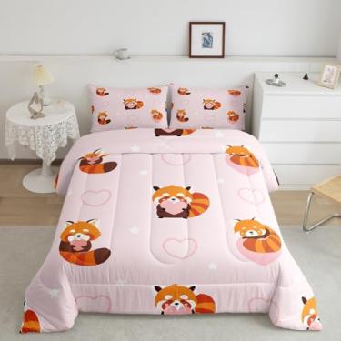 Imagem de Conjunto de edredom fofo de panda vermelho, 3 peças, estampa de estrelas do amor rosa, conjunto de colcha de animais kawaii, para decoração de quarto de crianças, meninos, meninas, mulheres, 2 fronhas