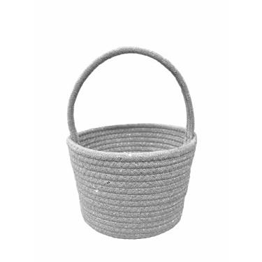 Imagem de Prudance Cesta de presente pequena com alça de 15 cm x 12,7 cm cesta de armazenamento de corda de algodão cinza para aniversário, chá de bebê, Páscoa, Natal