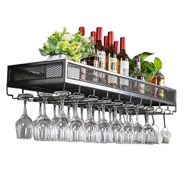 Imagem de Unidade de bar Prateleiras flutuantes | Prateleira de parede Loft Rack de teto de ferro de metal | Armazenamento | Suporte para pendurar garrafa de vinho e copos Moldura Suporte de taças de vinho Rack
