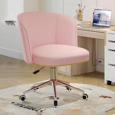 Imagem de AkosOL Modn Cadeira de escritório com encosto médio, para sala de maquiagem, sala de estar, cadeira de estudo, cadeira giratória ajustável com rodas e apoio de braço, rosa