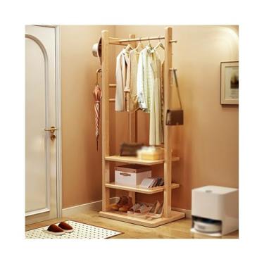 Imagem de Cabide de madeira maciça para corredor, cabide de chão, entrada, apartamento, poupa espaço, multicamadas, rack de armazenamento de roupas para quarto, suporte para chapéu (cor de madeira, grande)