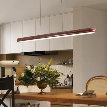 Imagem de Luminária pendente de madeira com LED para mesa de jantar, estilo lustre moderno de espectro total, com intensidade regulável e controle remoto, ideal para cozinha. Altura ajustável (100 cm)