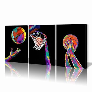 Imagem de Kpasnd 3 peças de arte de basquete arte de parede preto e branco pôsteres de esportes impressões de quarto de basquete juvenil decoração de parede para sala de estar quarto de crianças quarto banheiro