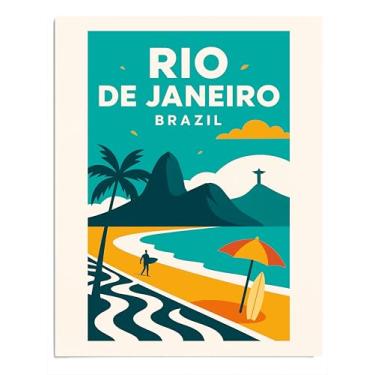 Imagem de AMERICAN LUXURY GIFTS Pôster retrô de viagem do Rio de Janeiro — Padrão de caminhada na praia de Copacabana, surf e silhueta do Cristo Redentor. (28 x 35, sem moldura)