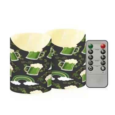 Imagem de Wassud Pacote com 2 velas sem chama de cerveja do dia de São Patrício com controle remoto, velas realistas cintilantes com temporizador, velas decorativas para Natal, casamento, festa, decoração de