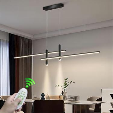 Imagem de Lustre LED moderno de 60W, dimerizável, linear, para sala de jantar, com cúpula de acrílico de 120cm, altura ajustável e função de foco, ideal para ilha de cozinha e sala de estar.