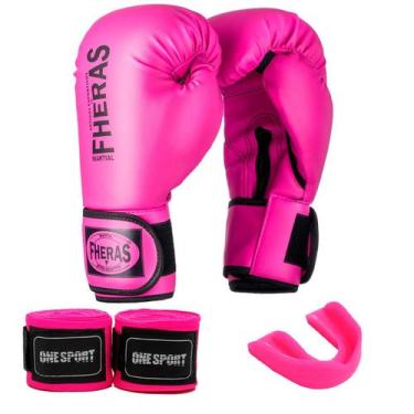 Imagem de Kit Luva de Boxe Muay Thai Fheras + Bandagem 2,5m + Bucal, Rosa, 12oz