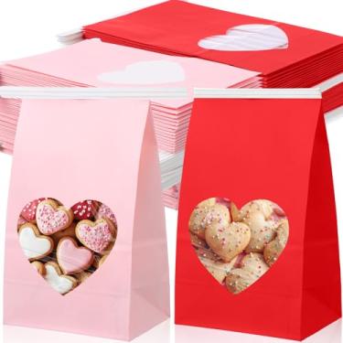 Imagem de Sweetude 60 sacos de padaria para o dia dos namorados com janela 10 x 6,36 x 16,7 cm, sacos de padaria em formato de coração, papel kraft, trava de arame de ferro para biscoitos, café, comida