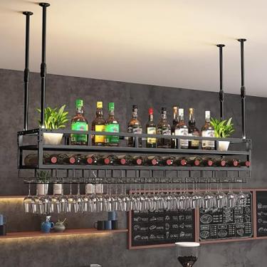 Imagem de Rack de copo de vinho de teto, rack de vinho suspenso com suporte de vidro e prateleira, suporte de garrafa de vinho de metal ajustável em altura, prateleiras de taças de cálice, prateleira de