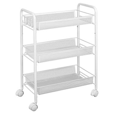 Imagem de Carrinho utilitário com rodinhas de malha de 3 camadas, carrinho de armazenamento de metal bloqueável sobre rodas, organizador fino de cozinha e banheiro com 4 ganchos - Carrinho de rodinhas branco