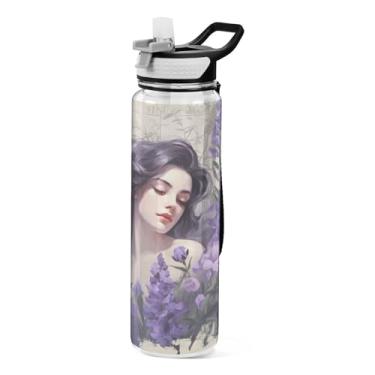 Imagem de Burbuja Garrafa de água Girl in Lavender de 940 ml com tampa de palha, à prova de vazamento e livre de BPA para academia, esportes ao ar livre