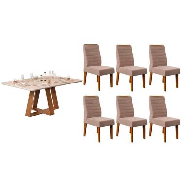 Imagem de Conjunto: Mesa de Cozinha Celeste c/ Tampo Madeirado c/ Vidro Curvo 160x90cm e 6 Cadeiras Ondina Freijo/Off White - Suede Kraft - DJ Móveis