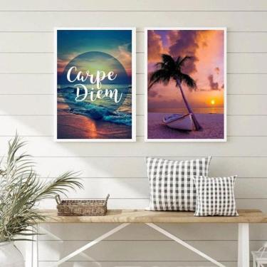 Imagem de Quadros Praia por do Sol Carpe Diem 33x24cm - Kit 2 Quadros