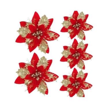 Imagem de Flores De Natal Artificiais Em Glitter Rosa, Vermelho E Dourado, Decor