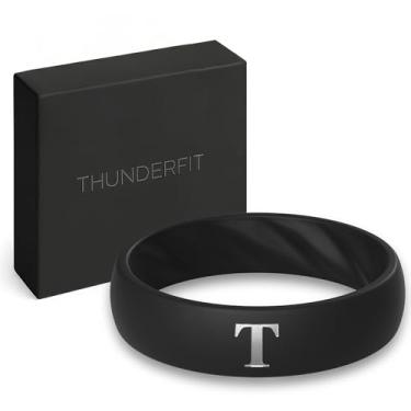 Imagem de ThunderFit Alianças de casamento de silicone para mulheres, anel preto personalizado A-Z com inicial gravada, 5,5 mm de largura, 2 mm de espessura, alianças de noivado de borracha, pacote com 1, 11.5