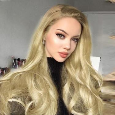 Imagem de Perucas de renda frontal mel loiro longo ondulado sintético peruca frontal ombré destaque hd peruca frontal de renda pré-arrancada 61 cm cabelo real sem cola resistente ao calor uso diário