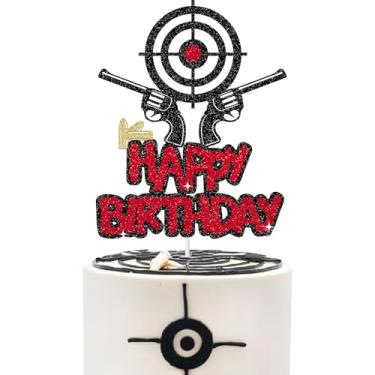 Imagem de Topo de bolo de arma para homem menino feliz aniversário caubói militar decoração de festa suprimentos alvo bala bolo decoração vermelho preto glitter caça arma tiro bolos decorações
