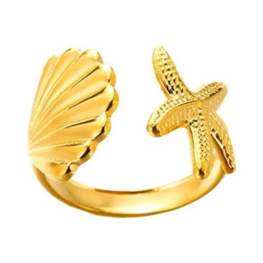Imagem de Anel Aberto Ajustável Em Aço Inoxidável Cor Dourada Com Estrela-do-mar