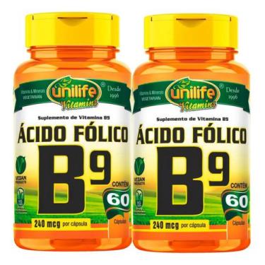 Imagem de Kit C/ 2 Un. Vitamina B9 Ácido Fólico 500mg 60 Cápsulas Vegano Unilife