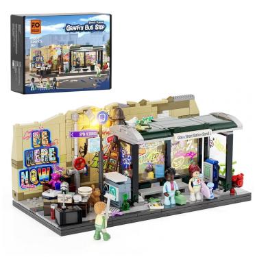 Imagem de FUNWHOLE Kit de Blocos de Montar Parada de Ônibus Grafite com Luz LED - 514 Peças para Adultos e Jovens